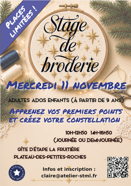 Affiche stage de broderie de l'Atelier Saint Michel - 11 novembre 2026 - Plateau des Petites Roches