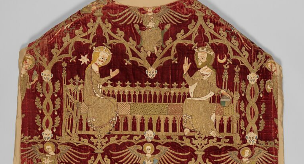 Life of the Virgin, Chichester-Constable Chasuble (back), from a set of vestments embroidered in opus anglicanum, from southern England, 1330-1350. Red velvet with silk and metallic thread and seed pearls; length 5ft. 6in. (167.6cm), width 30in. (76.2cm). The Metropolitan Museum of Art.