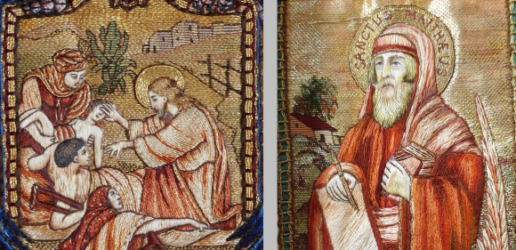 a) Albi (Tarn), cathédrale Sainte-Cécile, vue de détail de la chasuble aux pélicans, la parabole du grain de Sénevé, 1930 ; b) Castres (Tarn), ancienne cathédrale Saint-Benoît, vue de détail de saint Matthieu, 1932

M. Kérignard © Inventaire général Région Occitanie ; © J. Pagnon